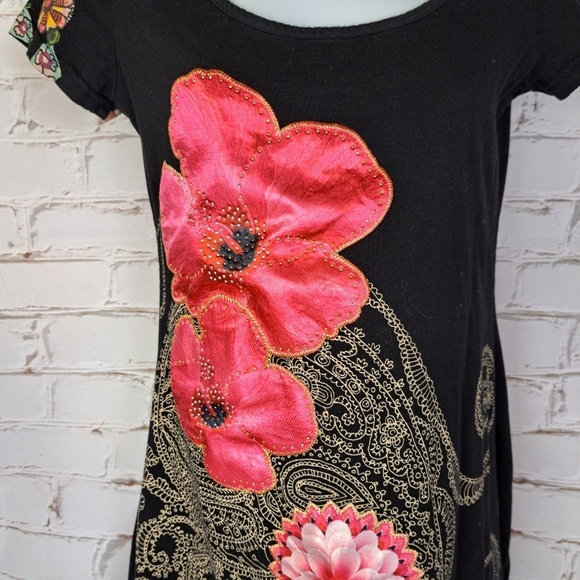 Desigual Floral‎ Black Tunic Top with Pink Accents Cotton - Picture 3 of 8